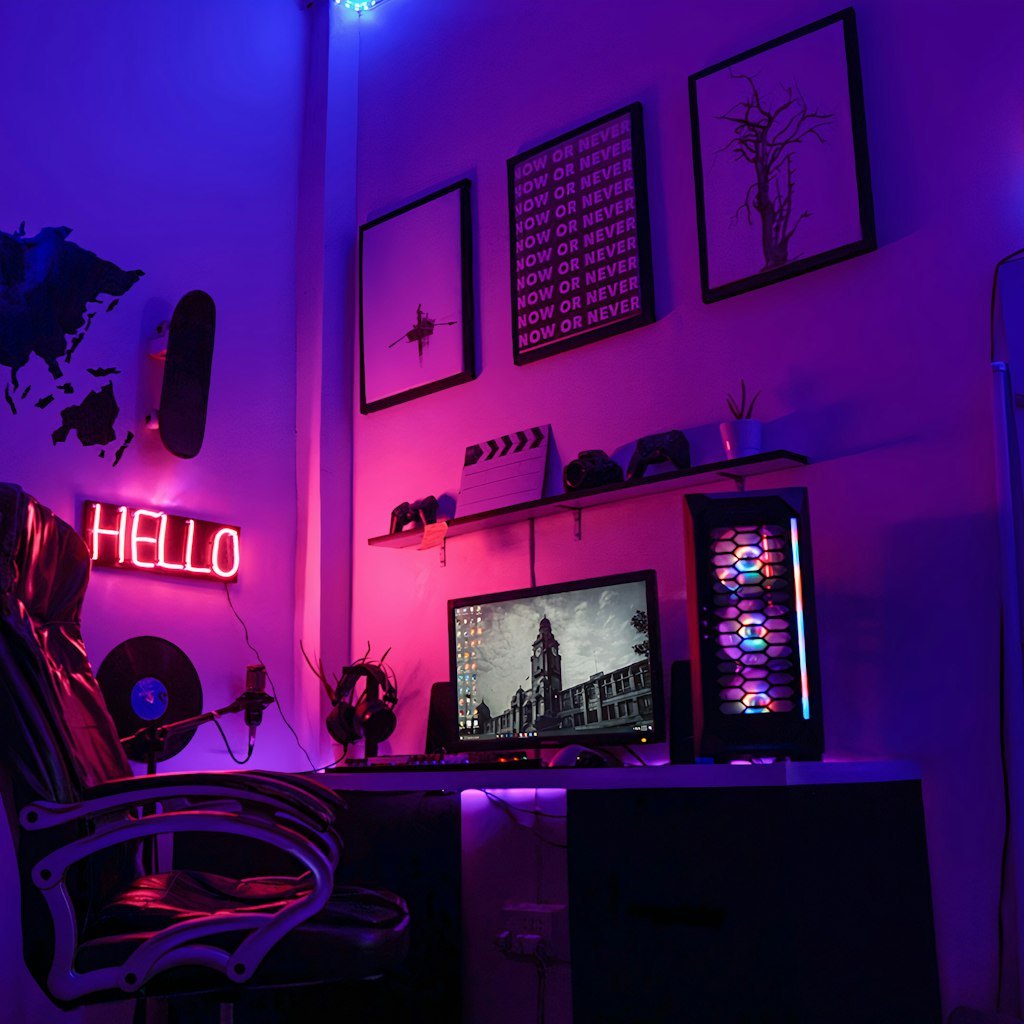 Gaming PC with colourful RGB lighting glowing in the dark