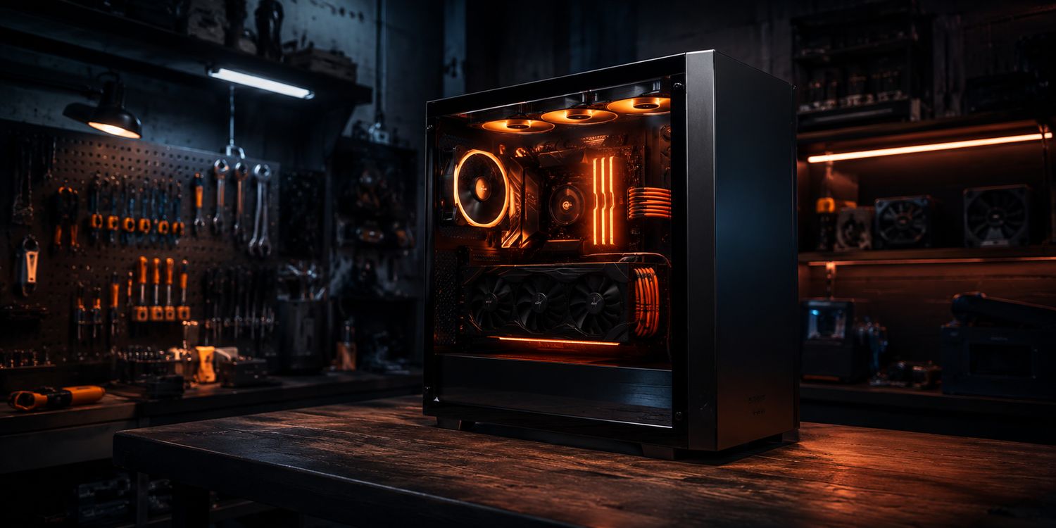 Rows of gaming PCs with RGB lighting glowing in a dark computer club